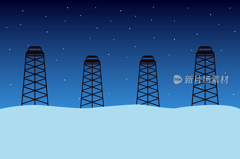 Oil derricks in winter Siberia. Vector illustration